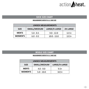ActionHeat sock and insole size chart showing US shoe size conversions for men and women