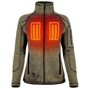Women's olive green heated fleece jacket with glowing chest heating elements