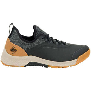 Muck black and tan athletic sneaker with a textured knit upper and rubber sole