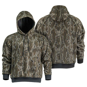 Mobile Warming camo print hooded sweatshirt with black cuffs and hem