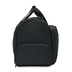 Side view of a black Briggs and Riley duffel bag with a zippered side pocket