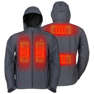 Mobile Warming grey hooded jacket showing internal heating elements on chest and back