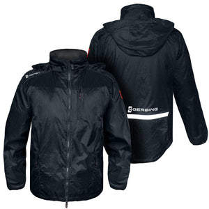Front and back view of a black Gerbing hooded rain jacket