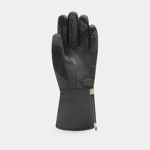 Black athletic glove with geometric palm grip pattern and side zipper closure