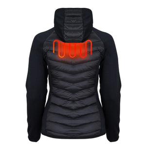 Back view of black hooded jacket with glowing red heating element graphic on upper back