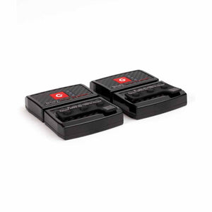 Two black Lenz body heat system battery packs with red logos on white background
