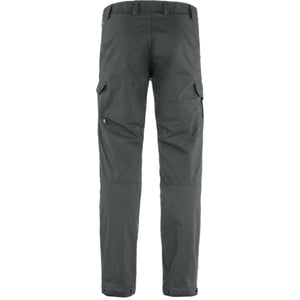 Back view of dark grey FjallRaven cargo trousers with side pockets