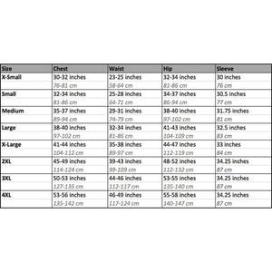 Size chart table showing chest waist hip and sleeve measurements in inches and centimeters for sizes XS to 4XL