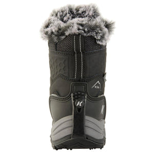 Back view of black Korkers winter boot with faux fur trim and K logo on heel