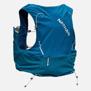 Blue Nathan hydration vest with side water bottle pocket and adjustable drawstrings