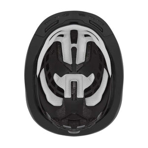 Interior view of a black bicycle helmet showing the adjustable fit system and white padding