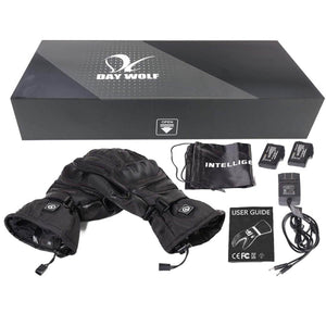 Day Wolf heated gloves with batteries, charger, storage bag, and user guide