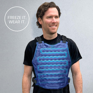 Man wearing an AlphaCool blue gel cooling vest over a black t-shirt