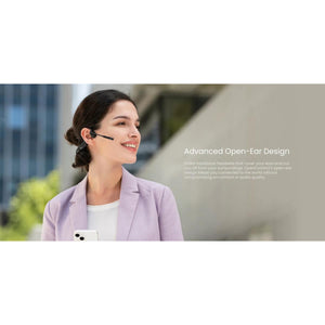 Woman wearing Shokz OpenComm2 headset with open ear design