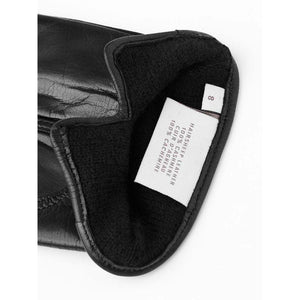 Hestra black leather glove interior with size 8 label and cashmere lining details
