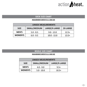 ActionHeat sock and insole size chart showing US shoe size conversions for men and women