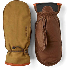 Hestra brown leather and tan fabric mittens