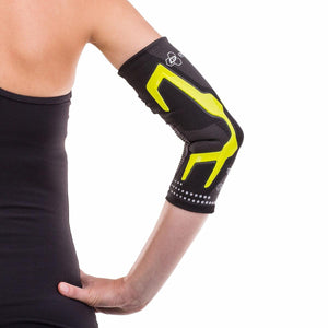 Black and neon yellow elbow compression sleeve on a person