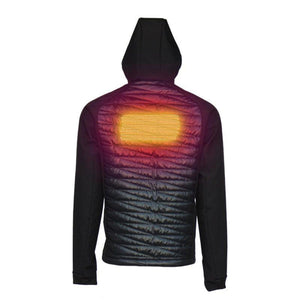 Back view of Volt Heat hooded jacket with glowing orange heating element on upper back