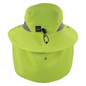 Chill-Its lime green sun hat with neck shade and Ergodyne logo patch