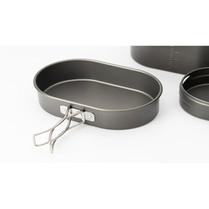 Snow Peak titanium oval camping pan with folding wire handle