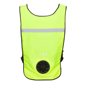 High visibility yellow cooling vest with integrated black fan