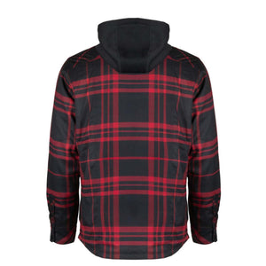 Back view of Mobile Warming red and black plaid hooded jacket