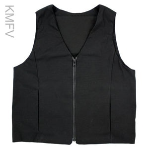 Black sleeveless vest with a front zipper closure and KMFV logo