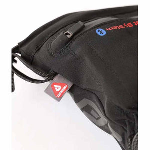 Close up of black glove with Primaloft tag and Bluetooth symbol