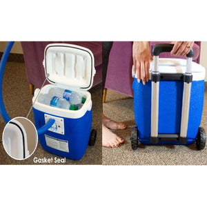 Blue rolling cooler with gasket seal detail and extendable handle