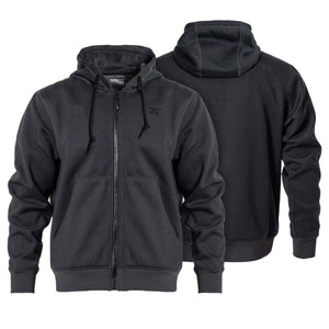 Mobile Warming black zip up hoodie shown from front and back views