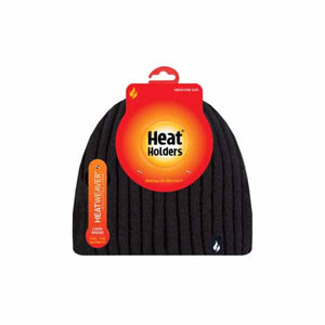 Black Heat Holders ribbed knit beanie with product packaging tag