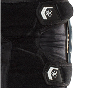 Close up of black protective knee brace straps with 7iDP logos
