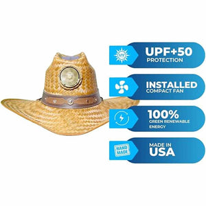 Kool Breeze straw hat with integrated solar fan and UPF 50 protection features