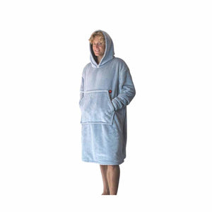 Person wearing a light blue fleece hooded blanket sweatshirt with a front pocket
