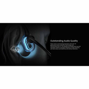 Bone conduction headset on ear with blue sound wave visualization