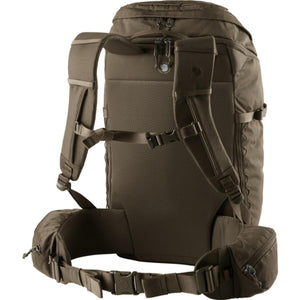 Back view of brown Fjallraven backpack with mesh back panel and hip belt
