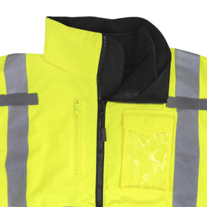 Radians high visibility yellow jacket with reflective strips and clear chest pocket