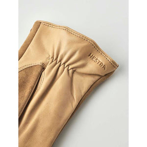 Tan leather Hestra glove cuff with gathered detail