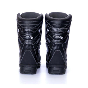 Back view of black DSG Outerwear winter boots with white stitching and snowflake accents