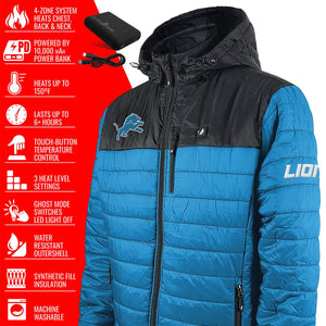 ActionHeat heated jacket with features list including 4-zone heating, 10000mAh power bank, and 3 heat settings