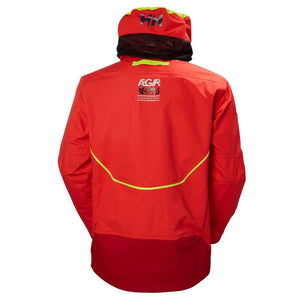 Back view of Helly Hansen Aegir Ocean Race sailing jacket in red with high visibility yellow trim