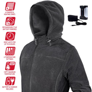 Black heated fleece hoodie with battery pack and charger featuring four heating zones and four temperature settings