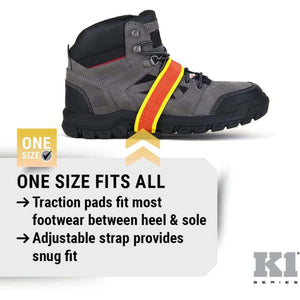 K1 Series traction pad with adjustable strap on a work boot