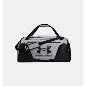 Grey and black Under Armour duffel bag with shoulder strap