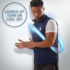 Man wearing a navy Alphacool cooling vest with integrated fan and blue air circulation graphic