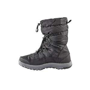 Black insulated winter boot with toggle lacing system and grey lug sole