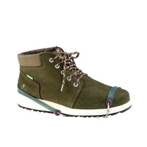 Olive green lace up boot with integrated ice traction spikes on the sole