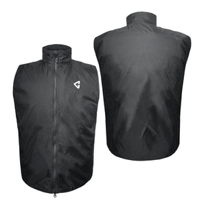 Front and back view of a black sleeveless vest with a white logo on the chest