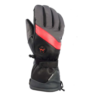 Fieldsheer heated glove in grey and black with red diagonal stripe and power button